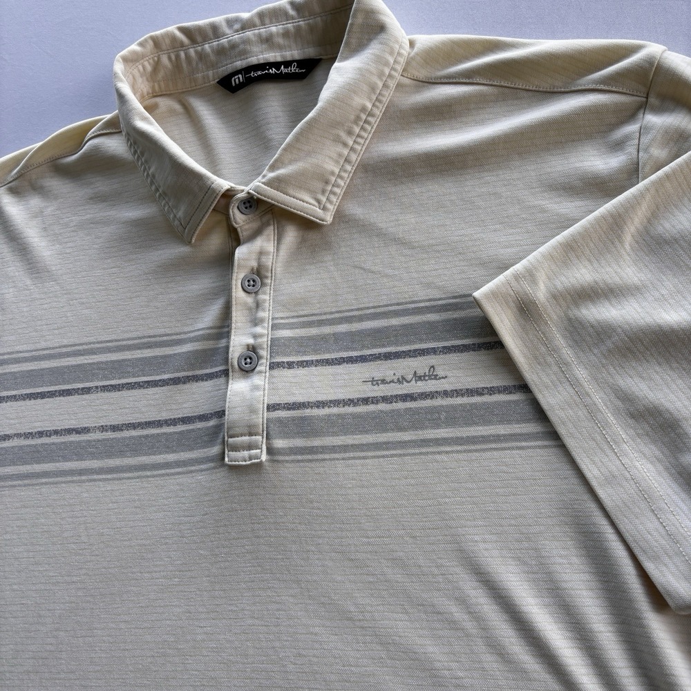 TravisMathew Polo Shirt Men's XL Beige Stripe‎ Pima Cotton Golf Casual Peru